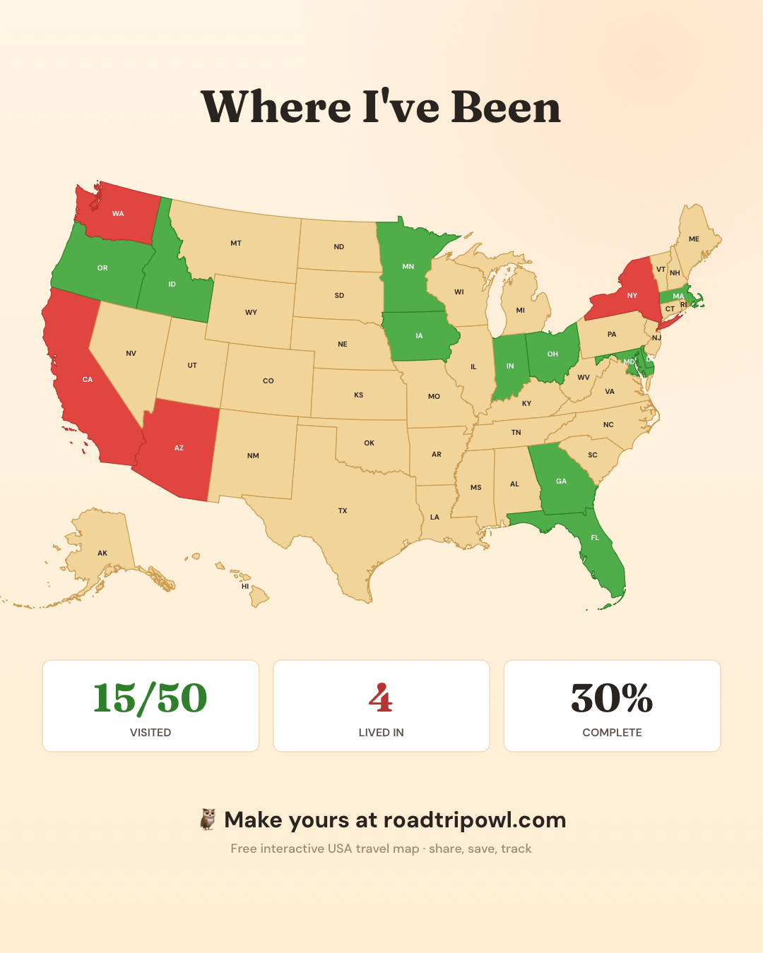 A map of where I’ve been or lived in the United States. The map (badly) uses red for places I’ve lived: Washington state, California, Arizona, and New York. The map uses green for places I’ve visited: Oregon, Idaho, Minnesota, Iowa, Indiana, Ohio, Georgia, Massachusetts, Delaware, Maryland, and Florida.

So 15/50 visited, 4 lived in, 30% completion.
